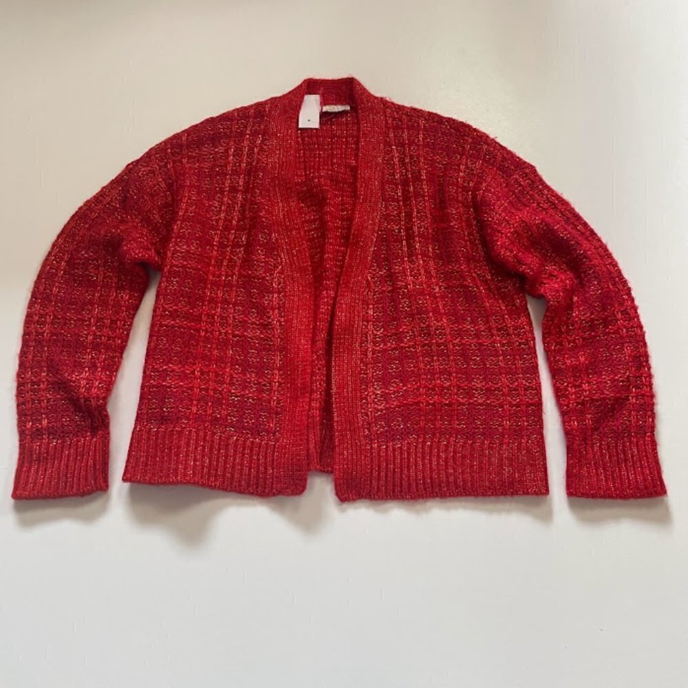 NWT Ann Taylor LOFT Sweater Cardigan Open Gold Knit Holiday Large Plaid Cable L